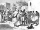 Tanzania / Zanzibar: The slave market in Zanzibar, Tanzania, East Africa.  Engraving by Henri Theophile Hildibrand, 1878